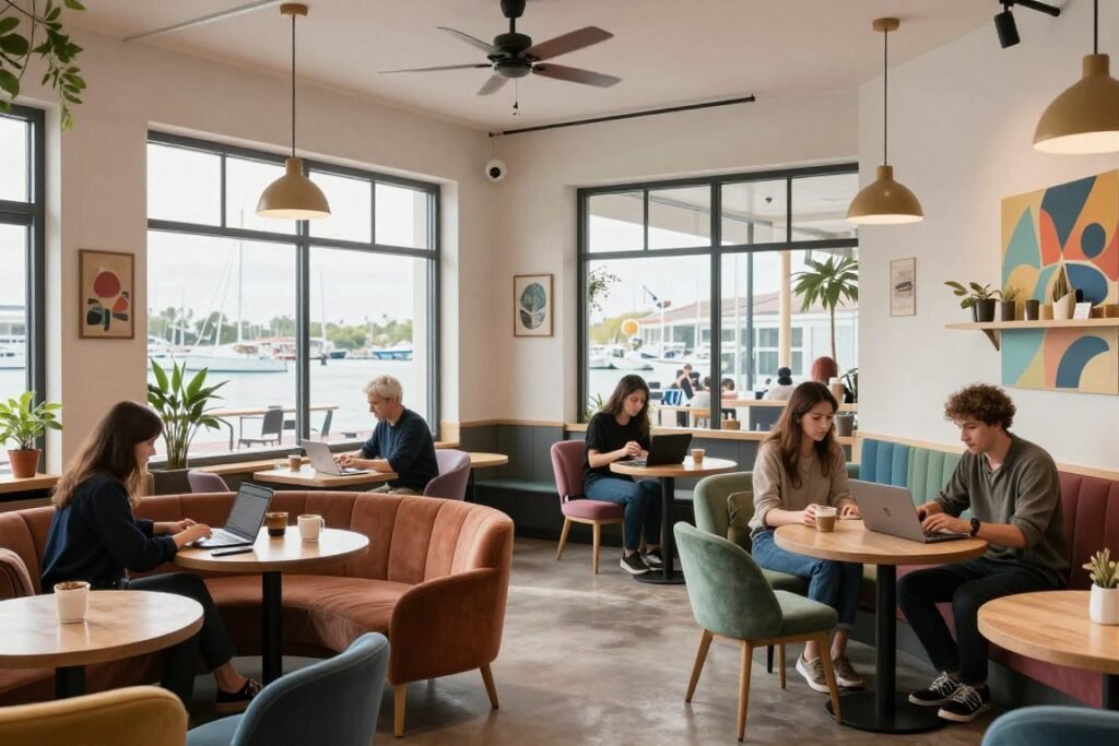 Café Nero Marina Promenade interior with cozy seating and work nooks Café Nero Marina Promenade interior with cozy seating and work nooks