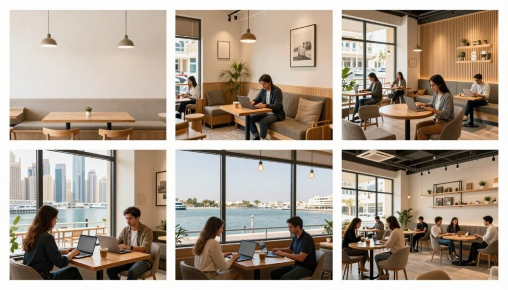 Comparison of different coffee shops in Dubai Marina showing various workspaces and atmospheres Comparison of different coffee shops in Dubai Marina showing various workspaces and atmospheres