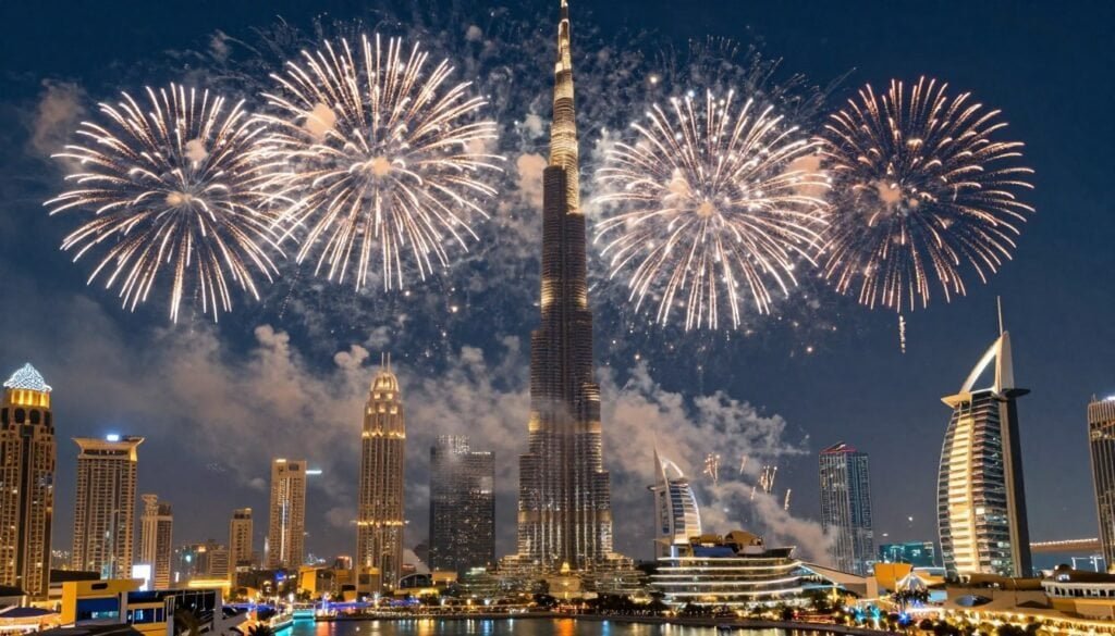Eid Al-Fitr fireworks over Dubai skyline marking the end of Ramadan 2026