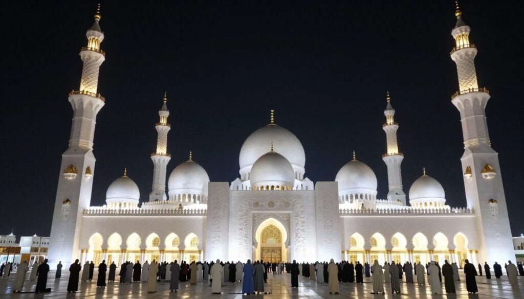 Jumeirah Mosque illuminated at night during Ramadan 2026 in Dubai