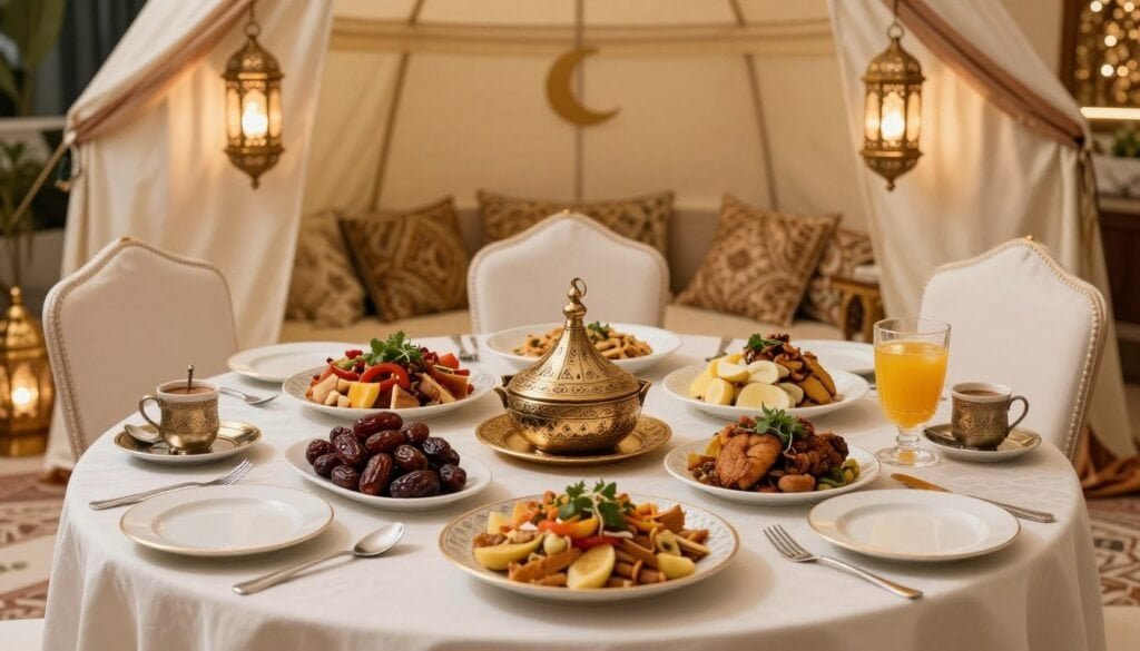 Luxurious Iftar setup in Dubai during Ramadan 2026 with traditional foods and decorations