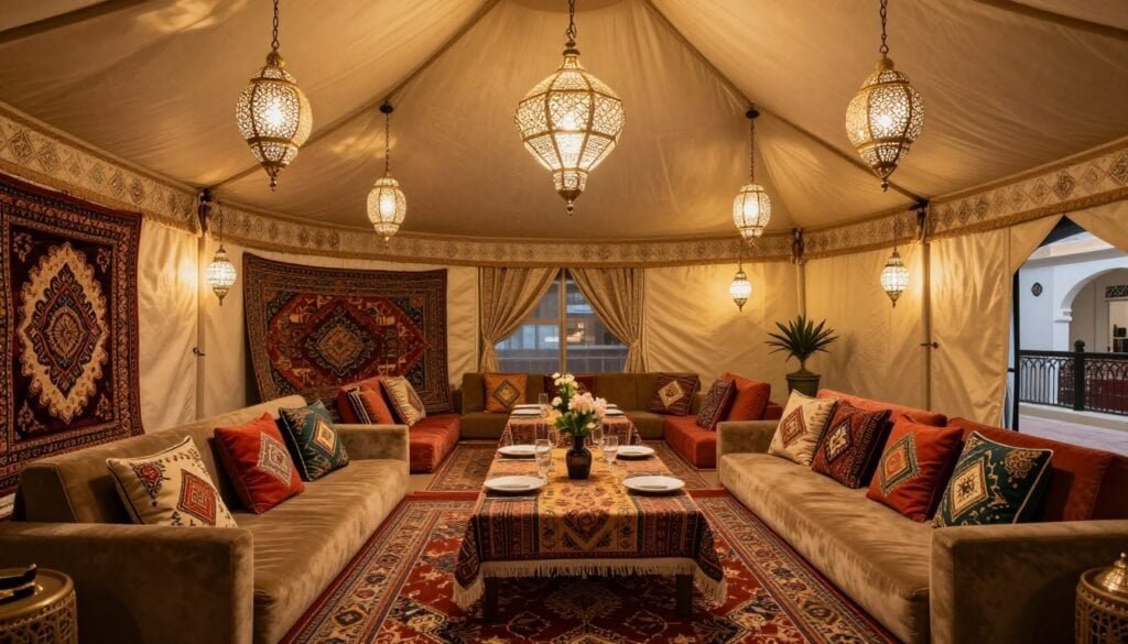 Luxurious Ramadan tent interior in Dubai with traditional decor for 2026