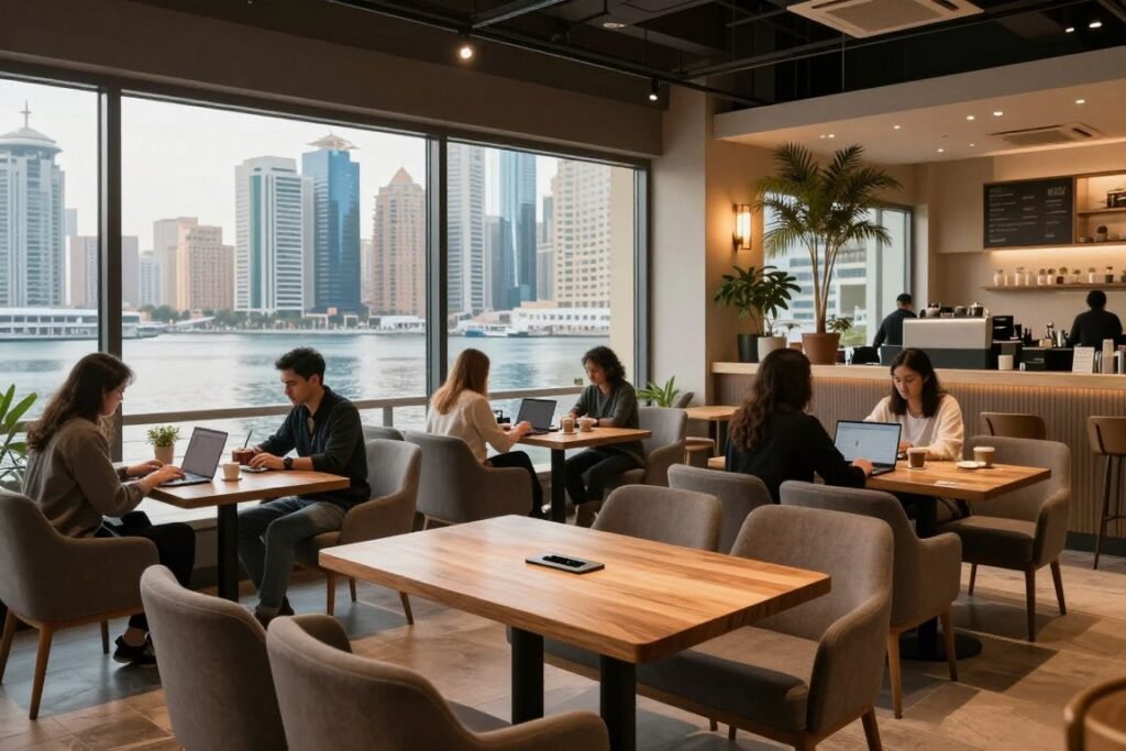 Risen at Millennium Place interior with relaxed workspace and greenery Risen at Millennium Place interior with relaxed workspace and greenery
