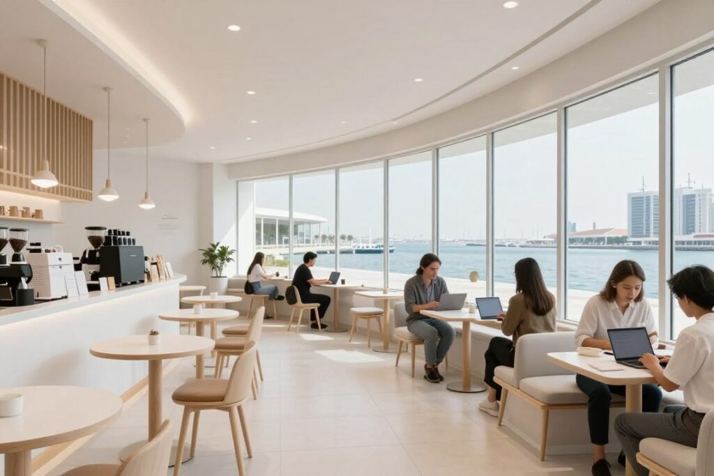 Starbucks JBR Walk interior with coastal vibes and seating suitable for laptops Starbucks JBR Walk interior with coastal vibes and seating suitable for laptops