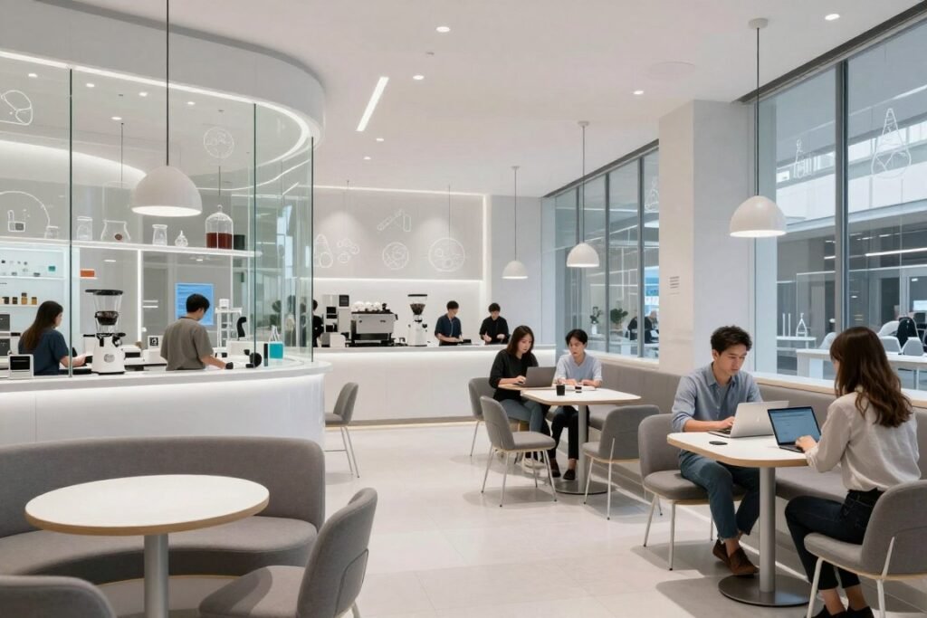 The Hamptons Café JBR interior with bright coastal design and comfortable seating The Hamptons Café JBR interior with bright coastal design and comfortable seating