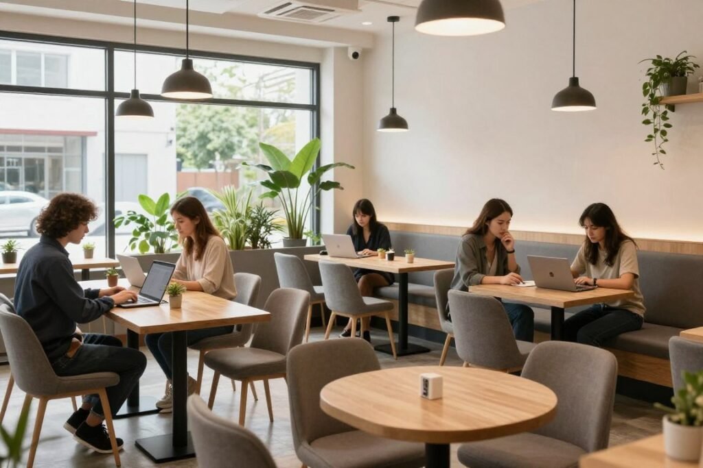 Uptown Social Dubai Marina interior with varied seating and work spots Uptown Social Dubai Marina interior with varied seating and work spots