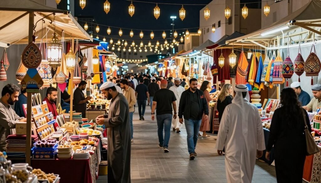 Vibrant Ramadan Night Market in Dubai 2026 with shoppers and traditional goods