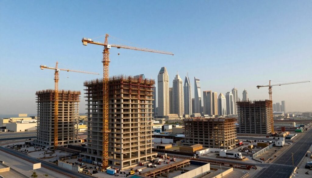 Dubai real estate development projects and construction cranes showing market growth 2026