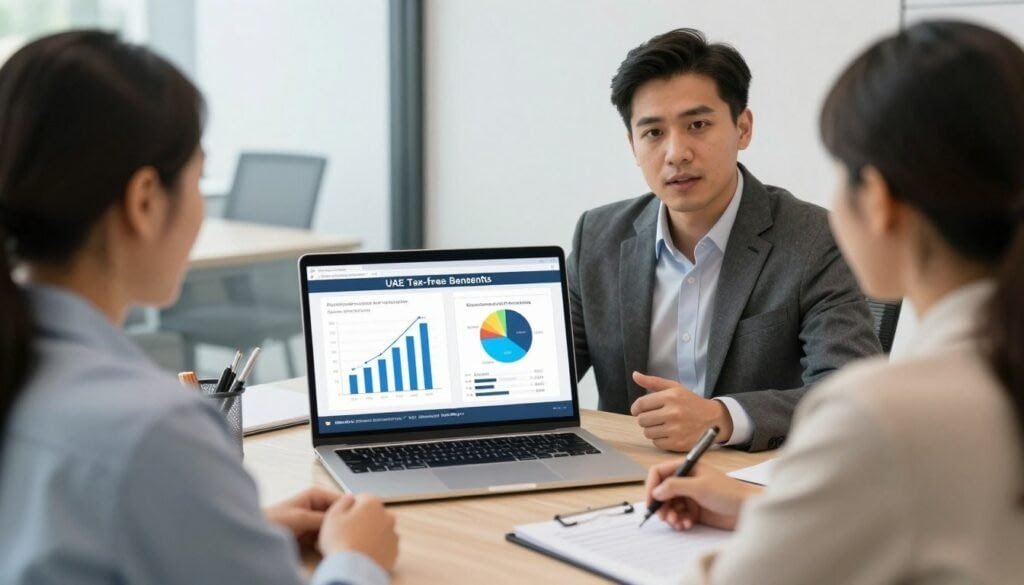 Financial advisor explaining Dubai property tax benefits to expat clients 2026