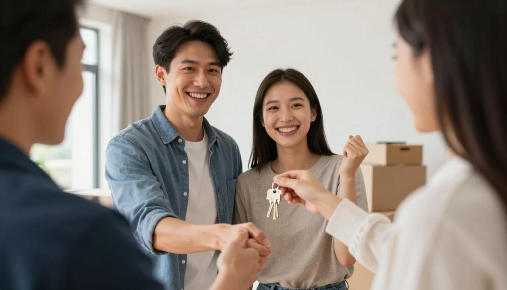 Happy couple receiving keys to new Dubai property successful home purchase 2026