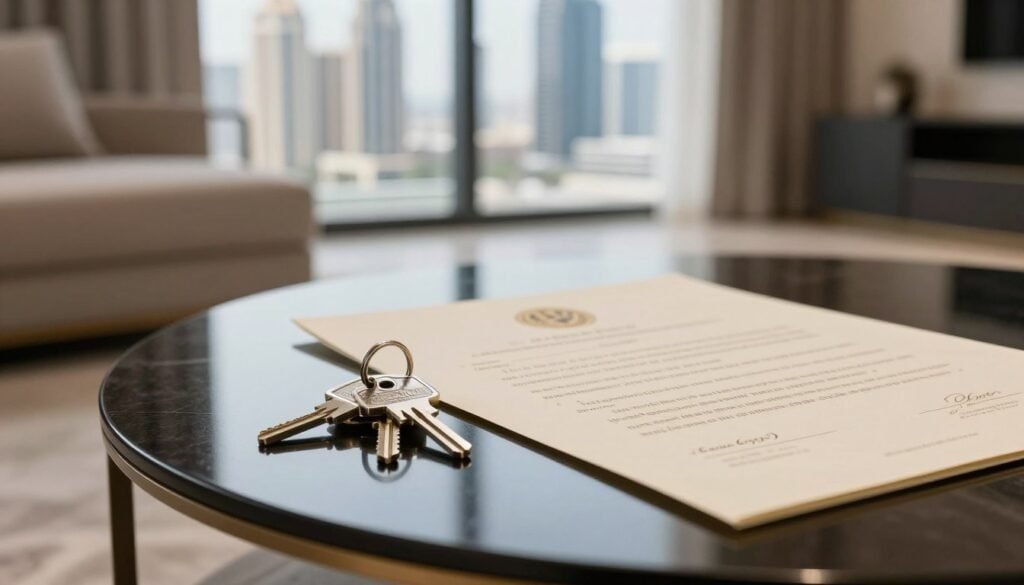Luxury Dubai property ownership with keys and title deed representing buying vs renting decision 2026