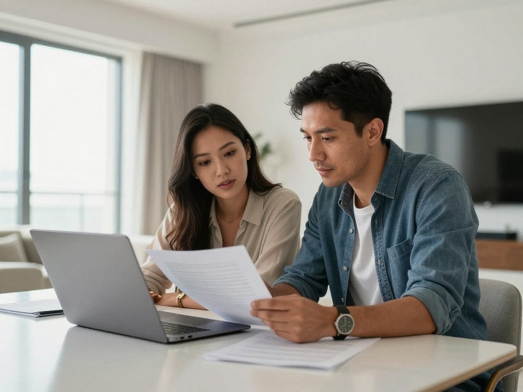 Professional couple reviewing rental agreement documents for Dubai 2026 market