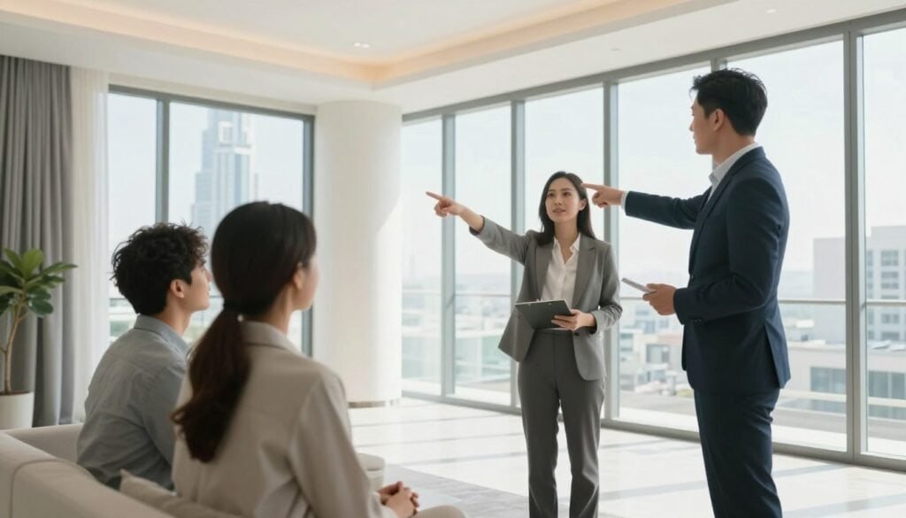 Real estate agent showing Dubai property to potential buyers conducting viewing 2026