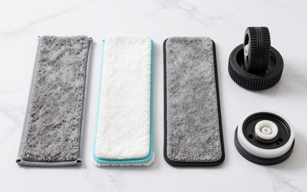 close-up comparison of different robot mop pad materials and wheel types laid out on marble surface