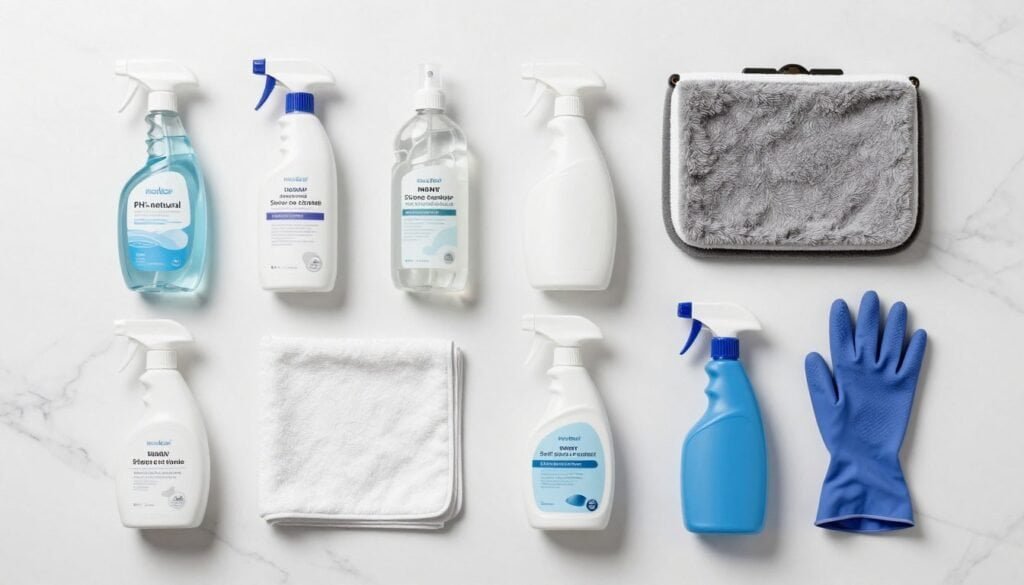 marble floor maintenance supplies including microfiber cloths and pH-neutral cleaner bottles