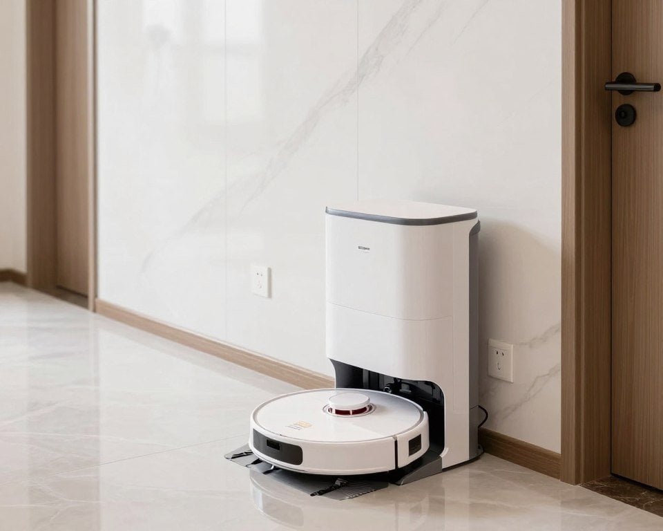 proper robot mop charging dock placement against marble wall in villa corridor