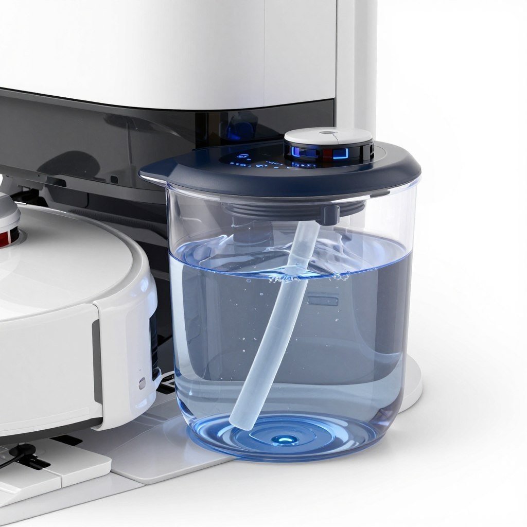 robot mop water tank system with clear container showing clean water and adjustable flow controls