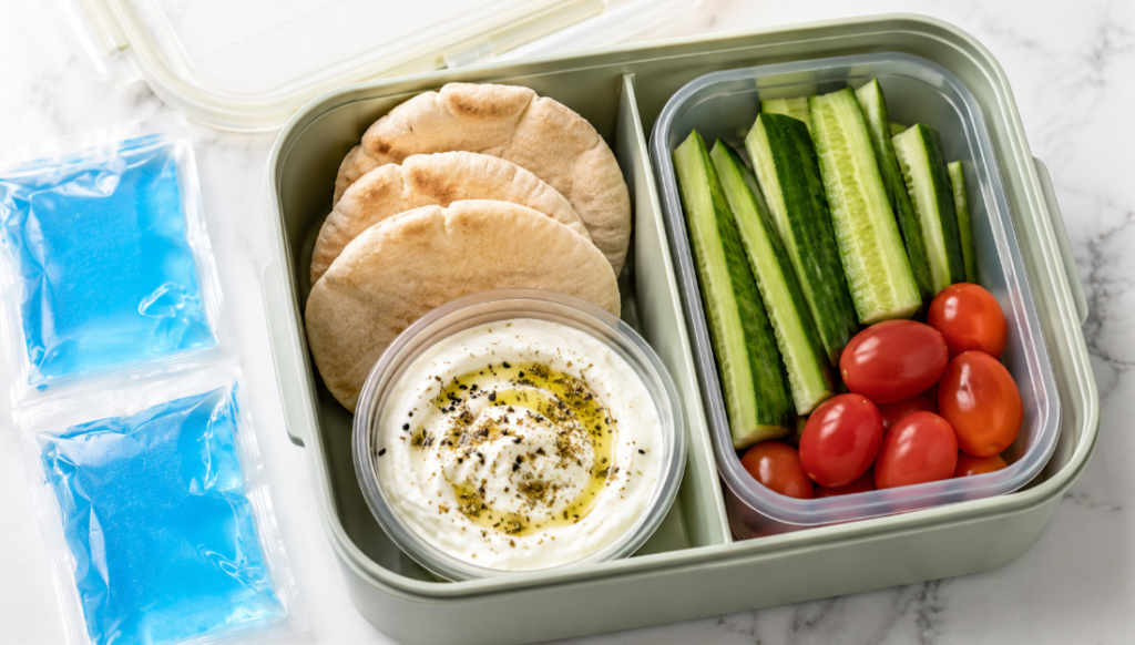 1. Labneh with Mini Pita and Cucumber Sticks