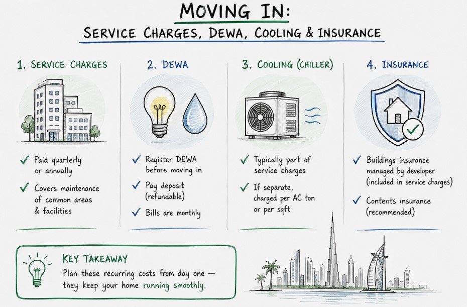 Moving In Service Charges, DEWA, Cooling and Insurance